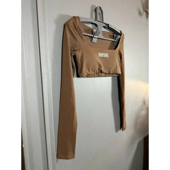 BABYGIRL Apparel Brown Sports Gym Athletic Long Sleeve Square Neck Crop Top S - Picture 4 of 9